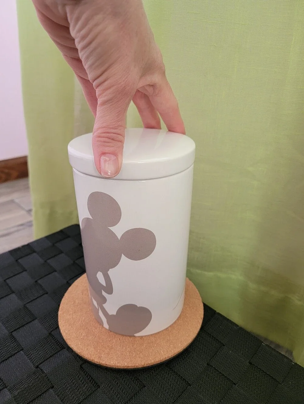 White Ceramic Canister with Taupe Mickey Silhouette